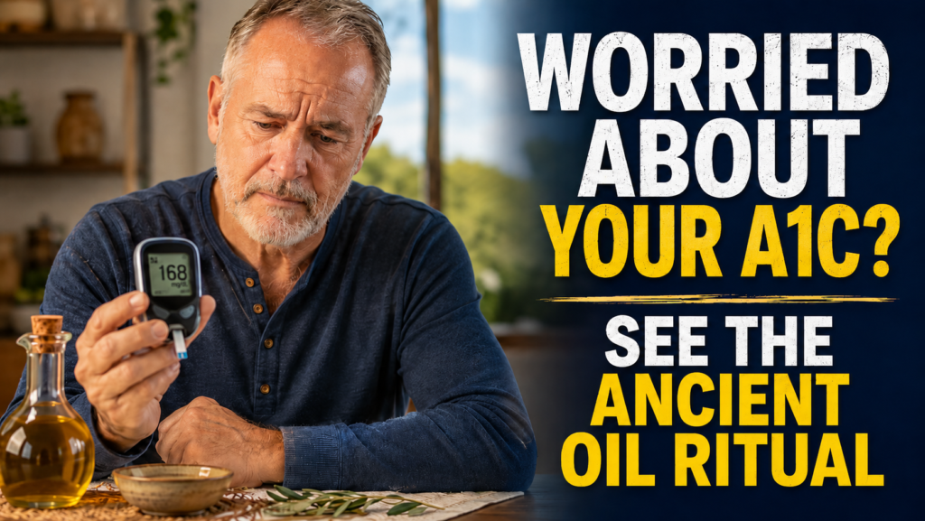 Older man checking his blood sugar while learning about an ancient oil ritual for A1C support